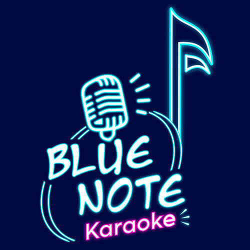 Neon sign for Blue Note Karaoke featuring a microphone and musical note.